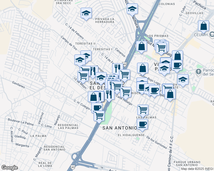 map of restaurants, bars, coffee shops, grocery stores, and more near in Pachuca de Soto