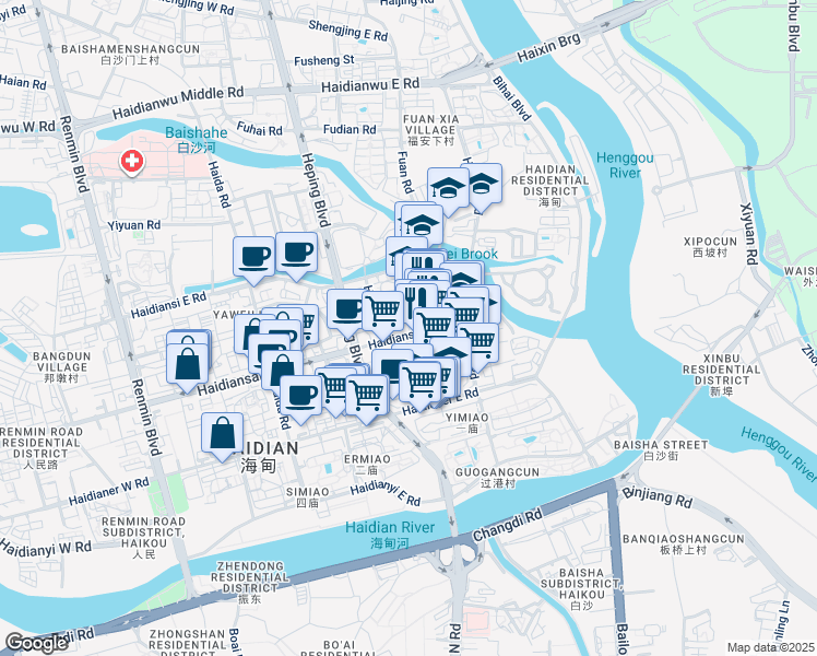 map of restaurants, bars, coffee shops, grocery stores, and more near Hai Dian San Dong Lu in Hai Kou Shi