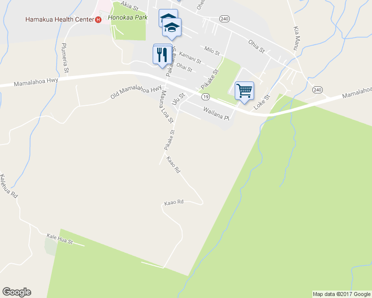 map of restaurants, bars, coffee shops, grocery stores, and more near 45-677 Kaao Road in Honokaa