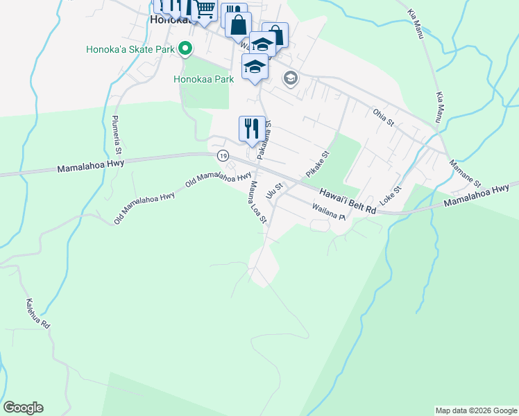 map of restaurants, bars, coffee shops, grocery stores, and more near 45-635 Mauna Loa Street in Honokaa