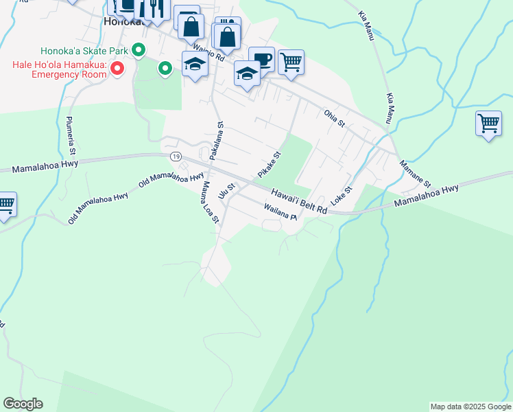 map of restaurants, bars, coffee shops, grocery stores, and more near 45-3291 Wailana Place in Honokaa
