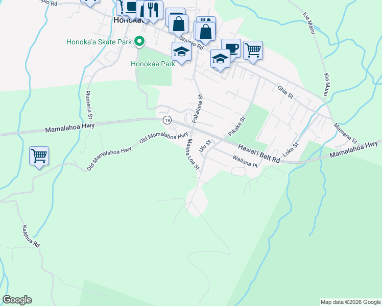 map of restaurants, bars, coffee shops, grocery stores, and more near 45-635 Mauna Loa Street in Honokaa