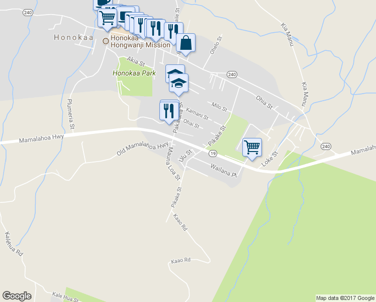 map of restaurants, bars, coffee shops, grocery stores, and more near 45-3328 Ulu Street in Honokaa