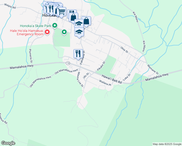 map of restaurants, bars, coffee shops, grocery stores, and more near 45-3328 Ulu Street in Honokaa