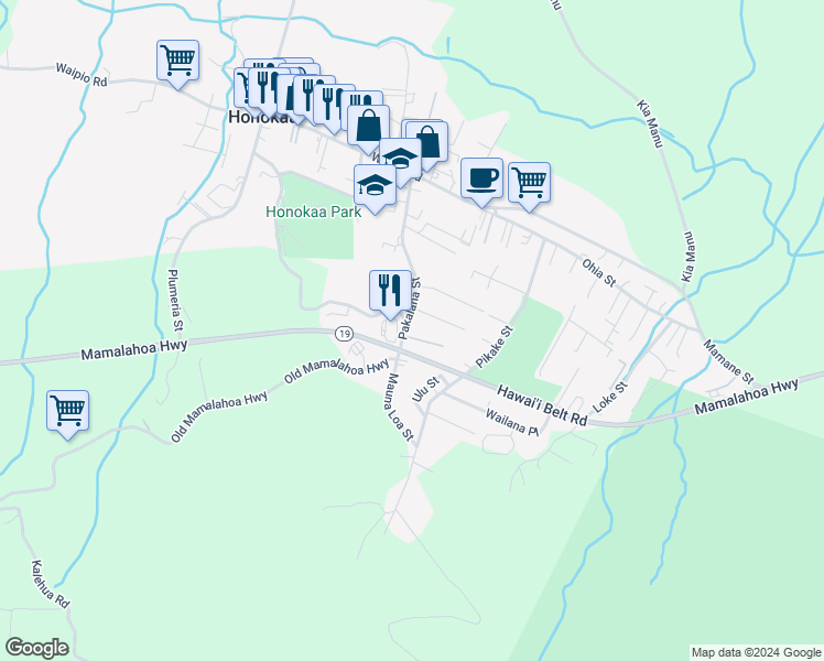 map of restaurants, bars, coffee shops, grocery stores, and more near 45-691 Pakalana Street in Honokaa