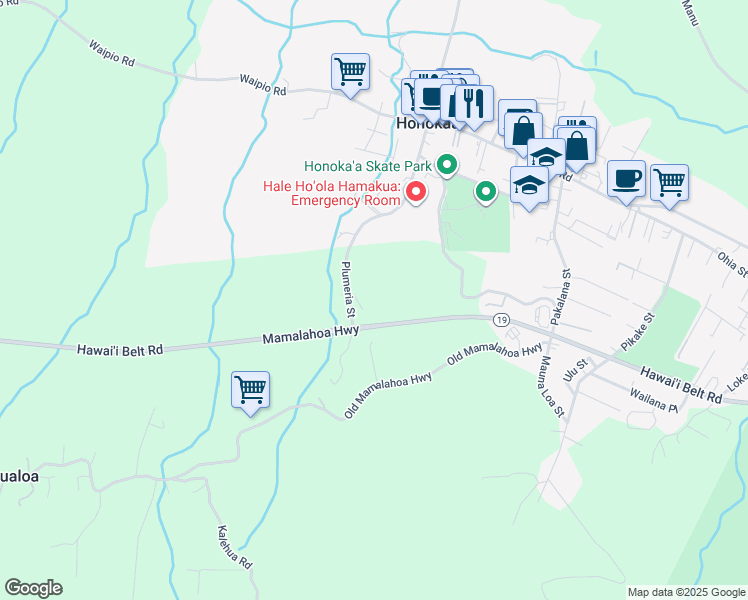 map of restaurants, bars, coffee shops, grocery stores, and more near 45-615 Plumeria Street in Honokaa