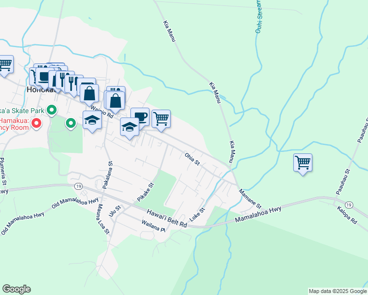 map of restaurants, bars, coffee shops, grocery stores, and more near 45-3250 Ohia Street in Honokaa