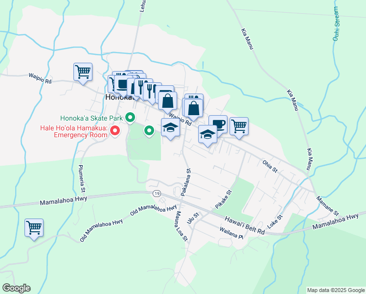 map of restaurants, bars, coffee shops, grocery stores, and more near 45-691 Pakalana Street in Honokaa