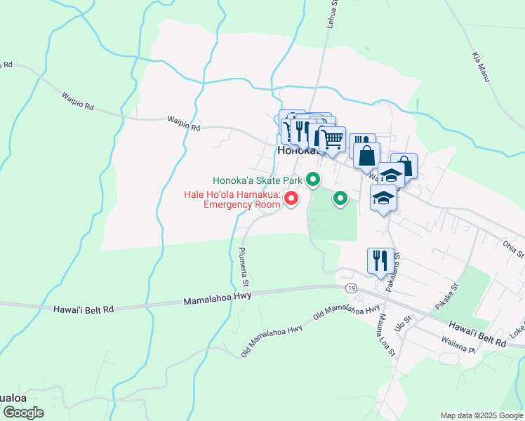 map of restaurants, bars, coffee shops, grocery stores, and more near Olopua Place in Honokaa