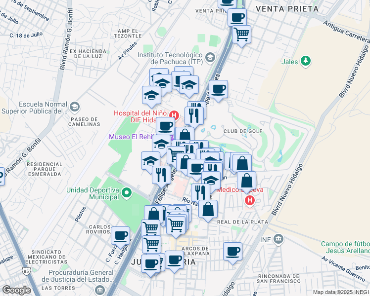 map of restaurants, bars, coffee shops, grocery stores, and more near Boulevard Felipe Ángeles in Pachuca