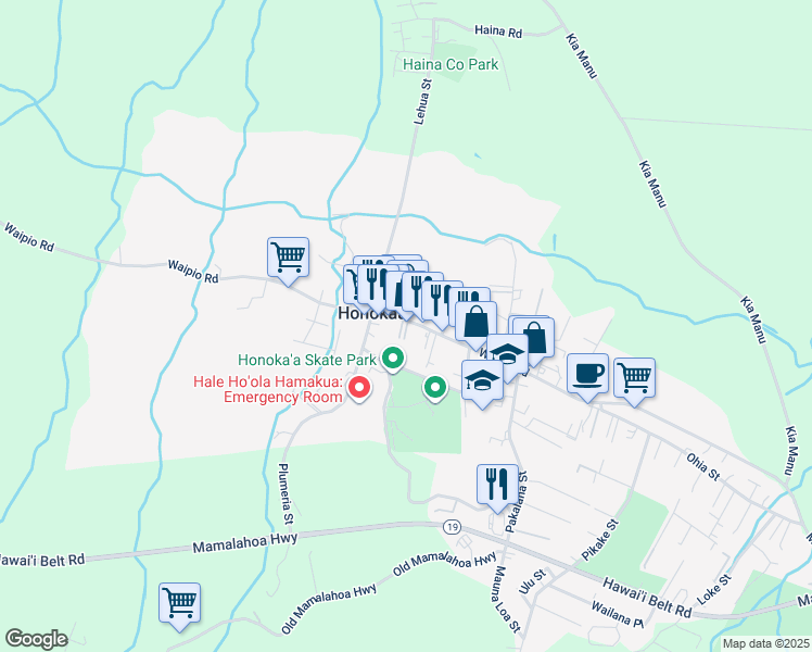 map of restaurants, bars, coffee shops, grocery stores, and more near 45-3550 Mamane Street in Honokaa