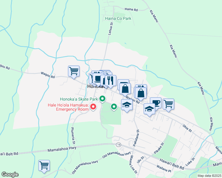 map of restaurants, bars, coffee shops, grocery stores, and more near 45-3550 Mamane Street in Honokaa