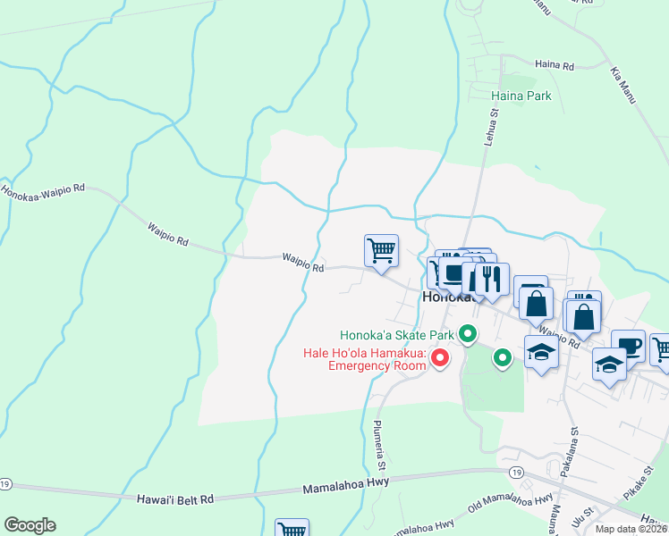 map of restaurants, bars, coffee shops, grocery stores, and more near 45-3831 Honokaa-Waipio Road in Honokaa