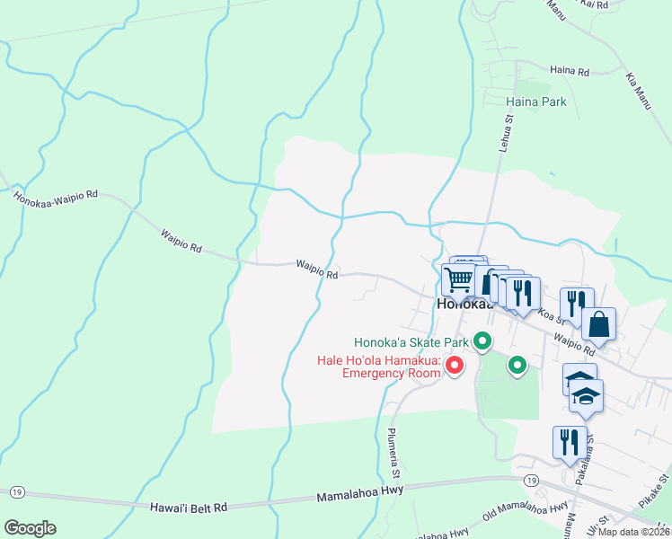 map of restaurants, bars, coffee shops, grocery stores, and more near 45-3831 Honokaa-Waipio Road in Honokaa