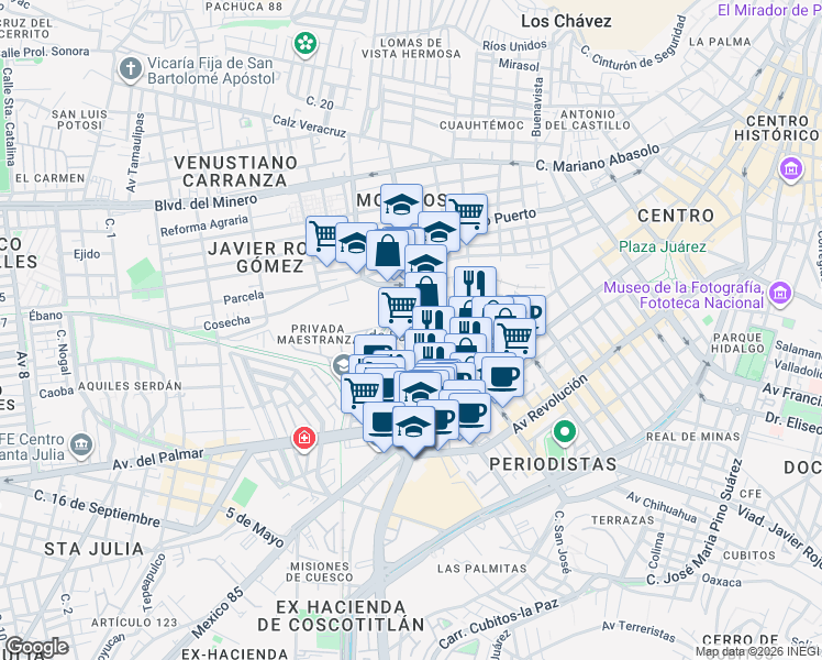 map of restaurants, bars, coffee shops, grocery stores, and more near in Pachuca de Soto
