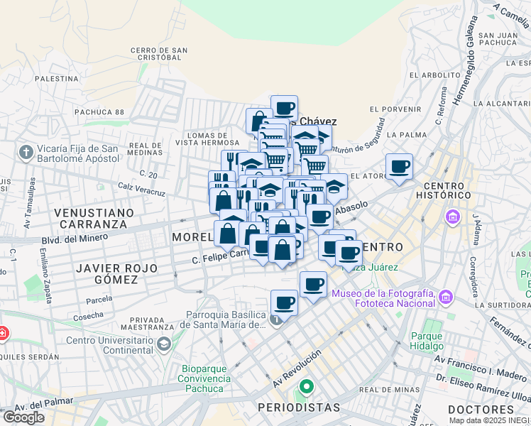 map of restaurants, bars, coffee shops, grocery stores, and more near Calle Mariano Abasolo in Pachuca de Soto