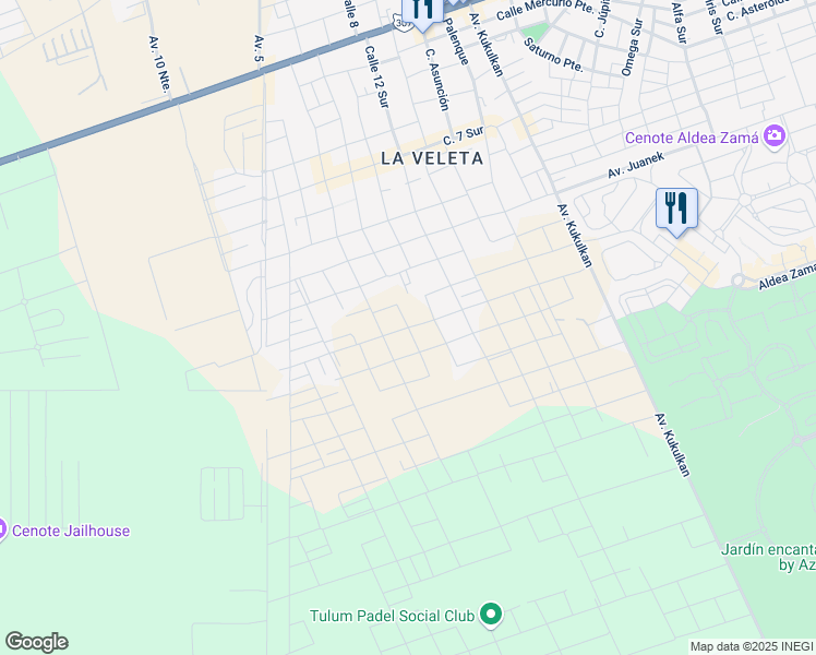 map of restaurants, bars, coffee shops, grocery stores, and more near Calle 8 Sur in Tulum