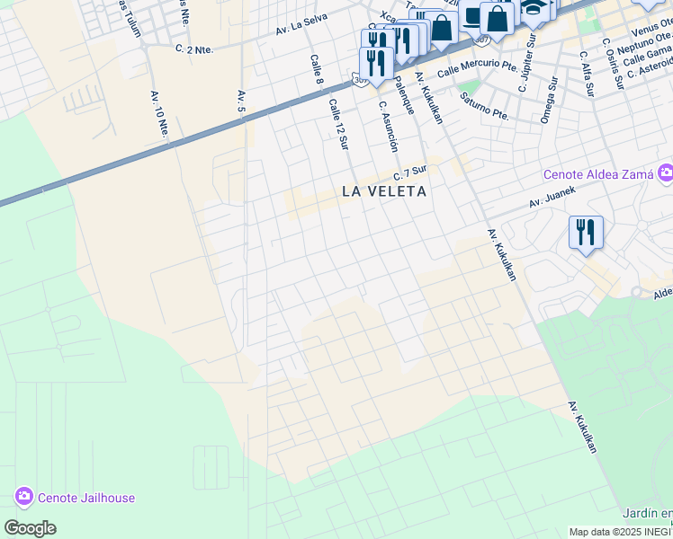 map of restaurants, bars, coffee shops, grocery stores, and more near Calle 8 Sur in Tulum
