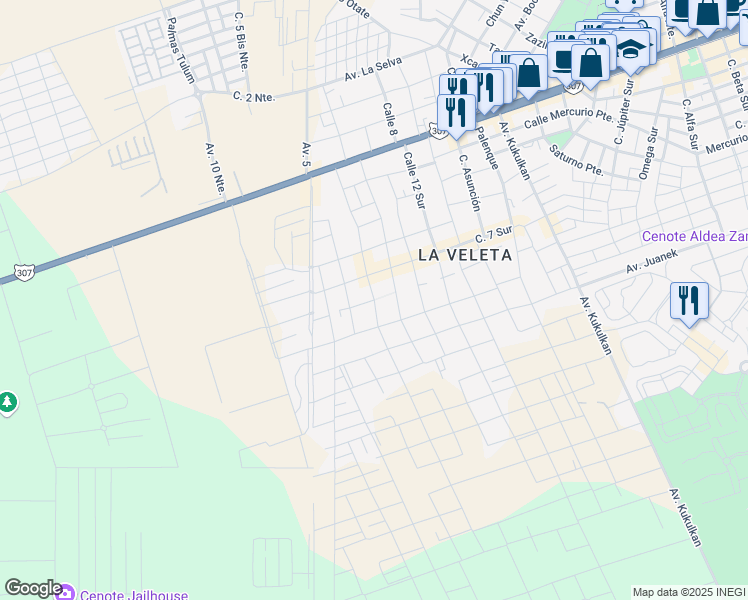 map of restaurants, bars, coffee shops, grocery stores, and more near Calle 6 Sur in Tulum
