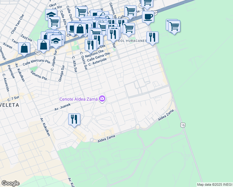 map of restaurants, bars, coffee shops, grocery stores, and more near Aldea Zama in Tulum