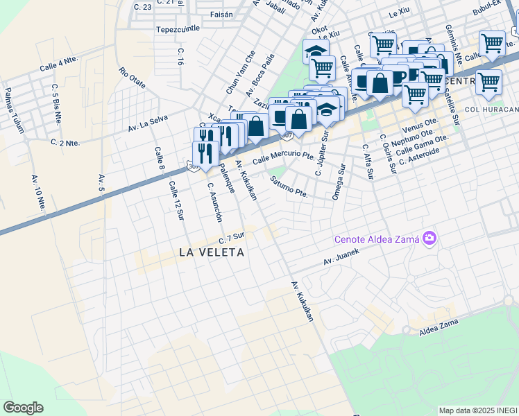 map of restaurants, bars, coffee shops, grocery stores, and more near Avenida Kukulkan in Tulum