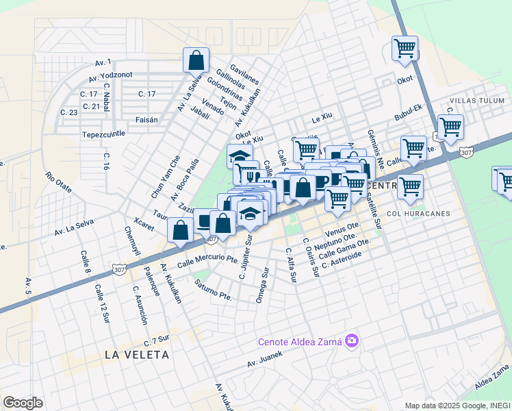 map of restaurants, bars, coffee shops, grocery stores, and more near Avenida Kukulkan in Tulum