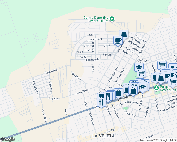 map of restaurants, bars, coffee shops, grocery stores, and more near Calle 39 in Tulum
