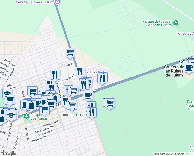 map of restaurants, bars, coffee shops, grocery stores, and more near 103 Calle 3 Sur in Tulum