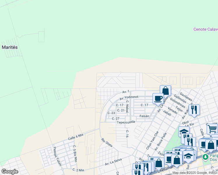 map of restaurants, bars, coffee shops, grocery stores, and more near Calle Palma in Tulum