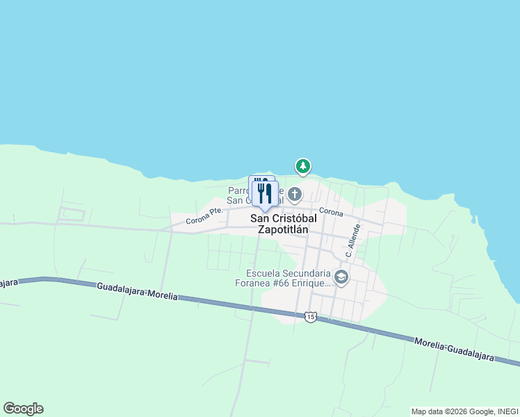 map of restaurants, bars, coffee shops, grocery stores, and more near 33 Corona Poniente in San Cristóbal Zapotitlán