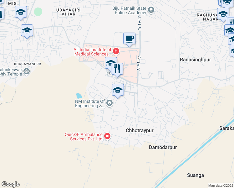 map of restaurants, bars, coffee shops, grocery stores, and more near Doon International School Road in Bhubaneswar