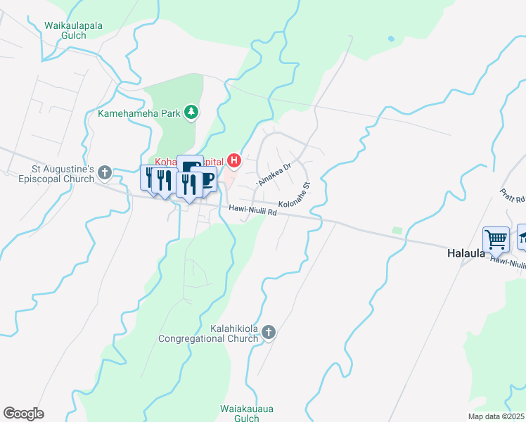 map of restaurants, bars, coffee shops, grocery stores, and more near 53 Akoni Pule Highway in Kapaau