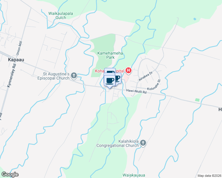 map of restaurants, bars, coffee shops, grocery stores, and more near 54-589 Kapaau Road in Kapaau