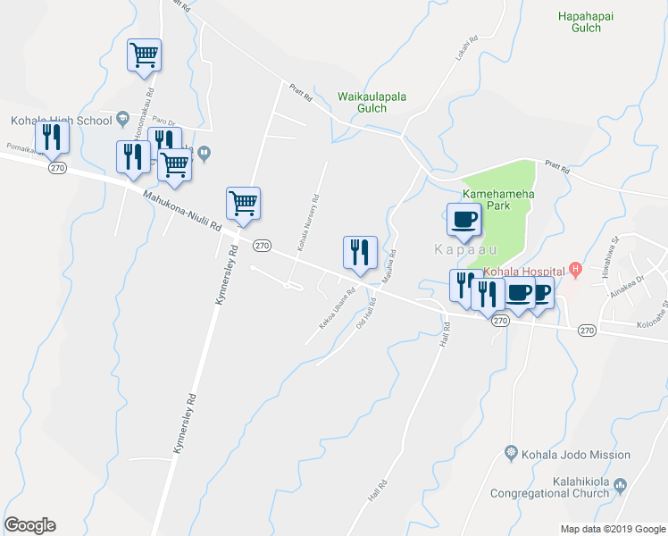 map of restaurants, bars, coffee shops, grocery stores, and more near 54-3757 Akoni Pule Highway in Kapaau