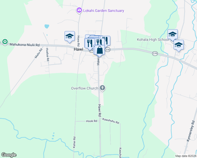 map of restaurants, bars, coffee shops, grocery stores, and more near 55-565 Hawi Road in Waimea