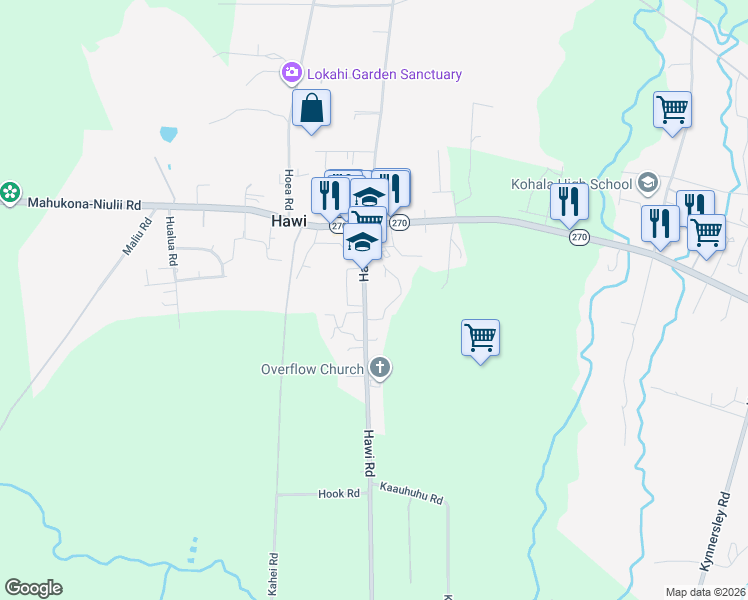 map of restaurants, bars, coffee shops, grocery stores, and more near 55-540 Banana Ranch Road in Waimea
