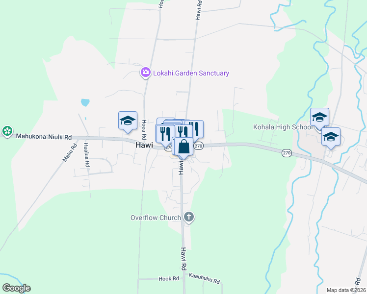 map of restaurants, bars, coffee shops, grocery stores, and more near Akoni Pule Highway in Hawi