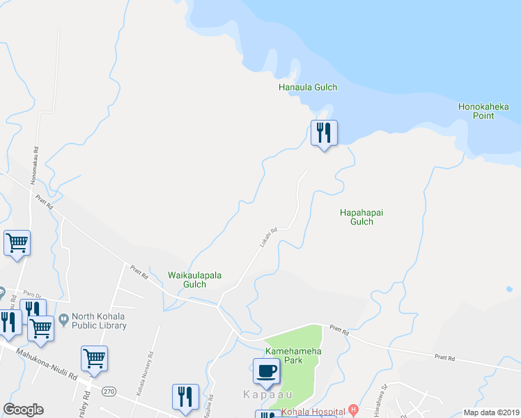 map of restaurants, bars, coffee shops, grocery stores, and more near 54-258 Lokahi Road in Kapaau