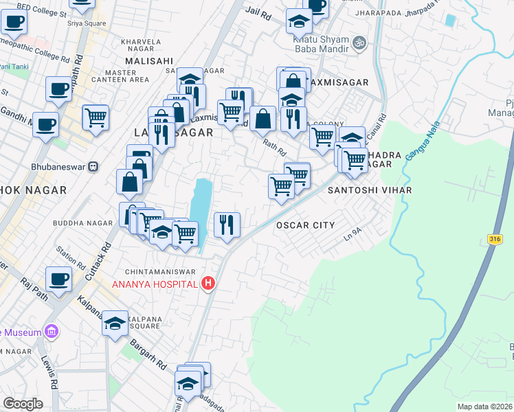 map of restaurants, bars, coffee shops, grocery stores, and more near in Bhubaneswar