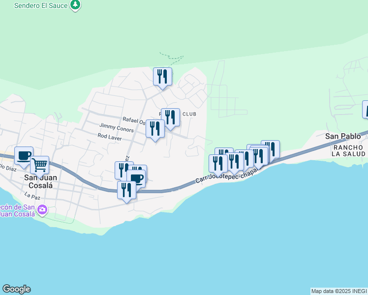 map of restaurants, bars, coffee shops, grocery stores, and more near Rafael Osuna in San Juan Cosalá