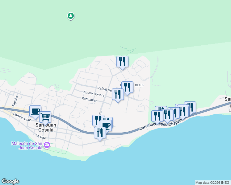 map of restaurants, bars, coffee shops, grocery stores, and more near Rafael Osuna in San Juan Cosalá