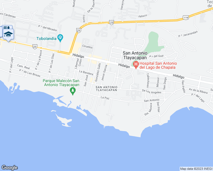 map of restaurants, bars, coffee shops, grocery stores, and more near 104a Ramón Corona in Ajijic