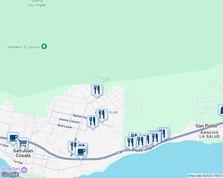 map of restaurants, bars, coffee shops, grocery stores, and more near 53 Joaquín Loyo Mayo in San Juan Cosalá