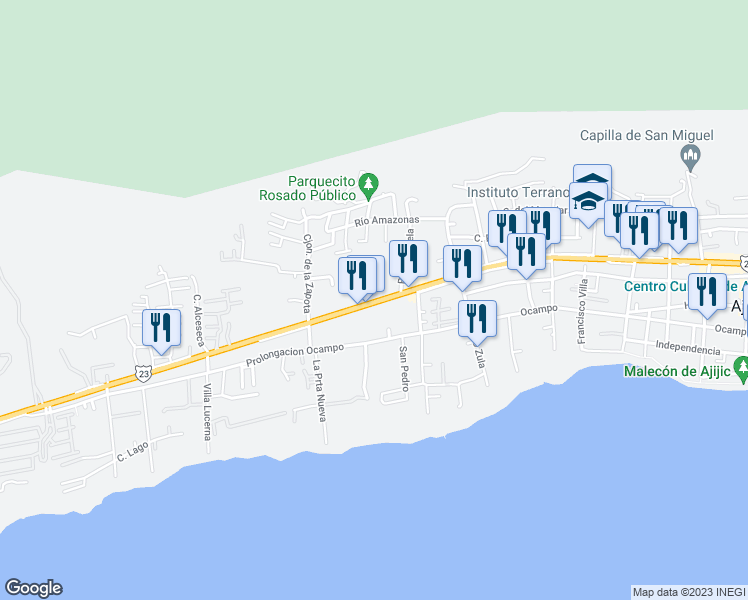 map of restaurants, bars, coffee shops, grocery stores, and more near 508 Poniente in Ajijic