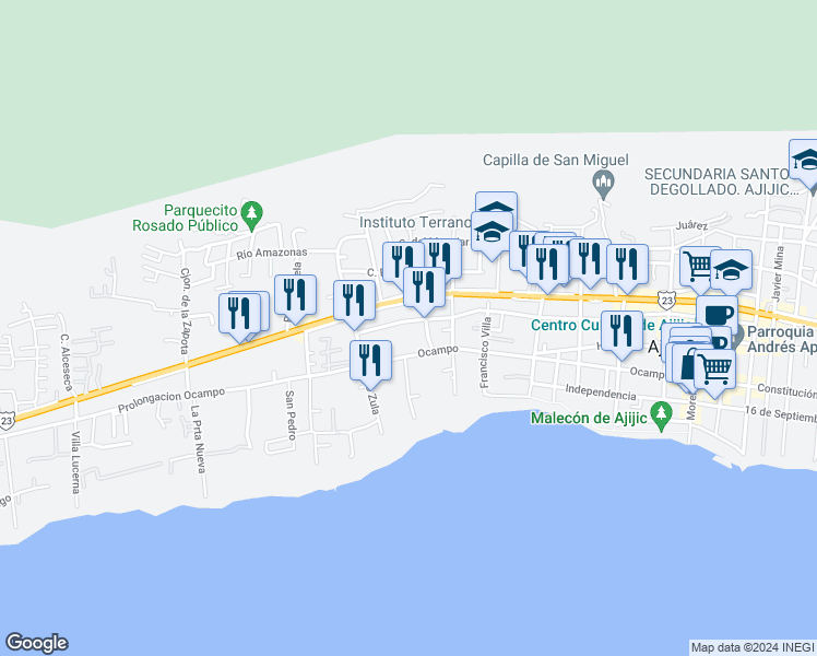 map of restaurants, bars, coffee shops, grocery stores, and more near 165 Zaragoza in Ajijic
