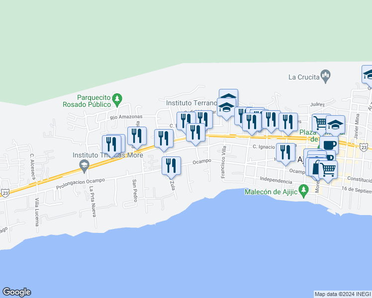 map of restaurants, bars, coffee shops, grocery stores, and more near Núm. 165 Zaragoza in Ajijic