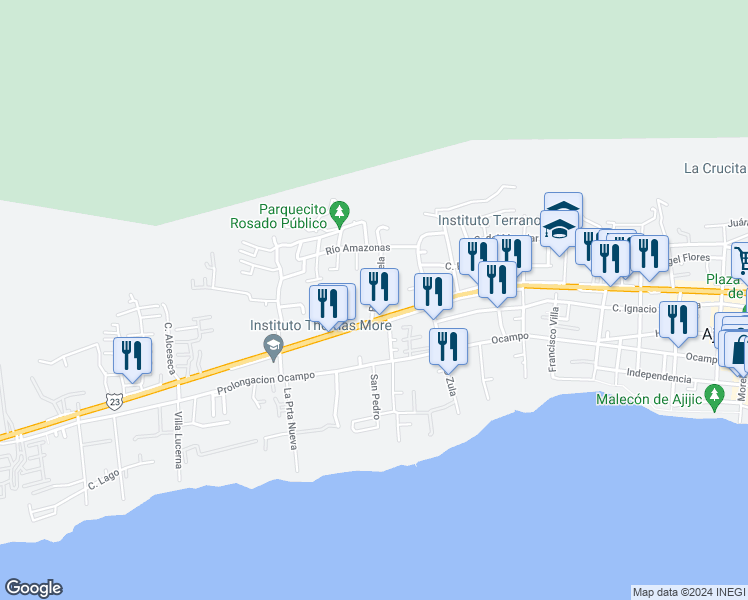 map of restaurants, bars, coffee shops, grocery stores, and more near 85 Río Chamela in Ajijic