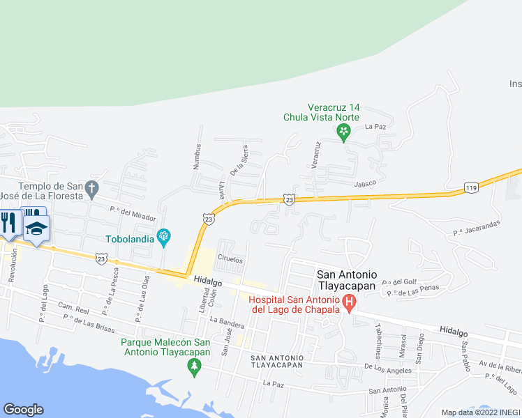 map of restaurants, bars, coffee shops, grocery stores, and more near 98 Libramiento A Chapala in Ajijic
