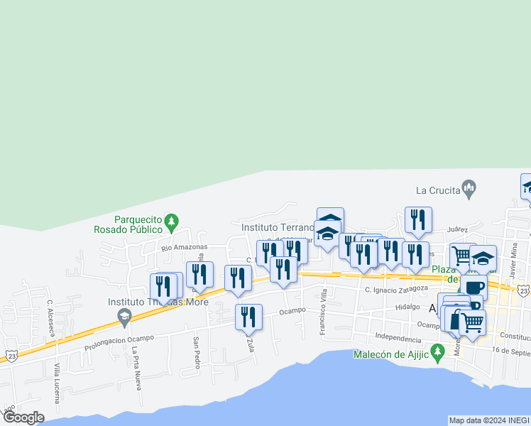 map of restaurants, bars, coffee shops, grocery stores, and more near 59A De La Montaña in Ajijic