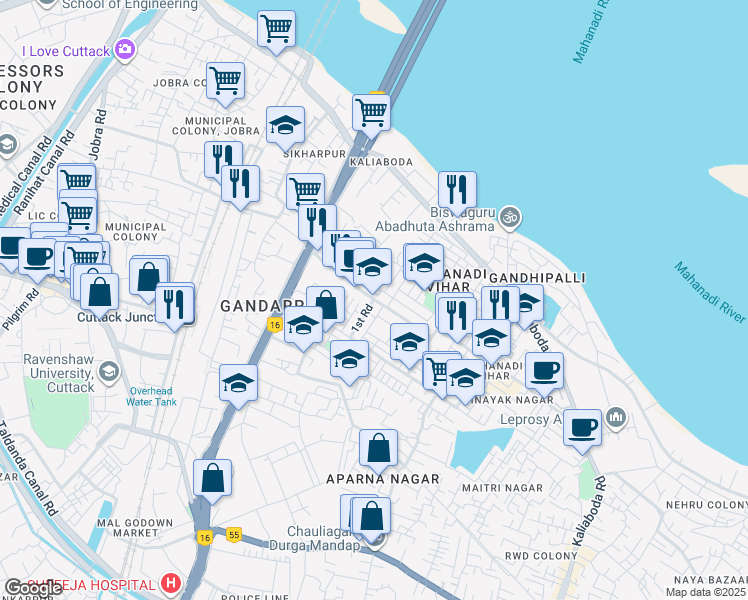 map of restaurants, bars, coffee shops, grocery stores, and more near Mahanadi Vihar Main Road in Cuttack